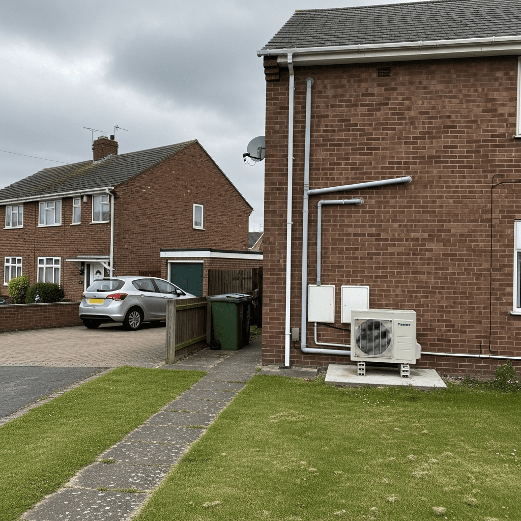 Air source heat pump installed outside a UK semi-detached house