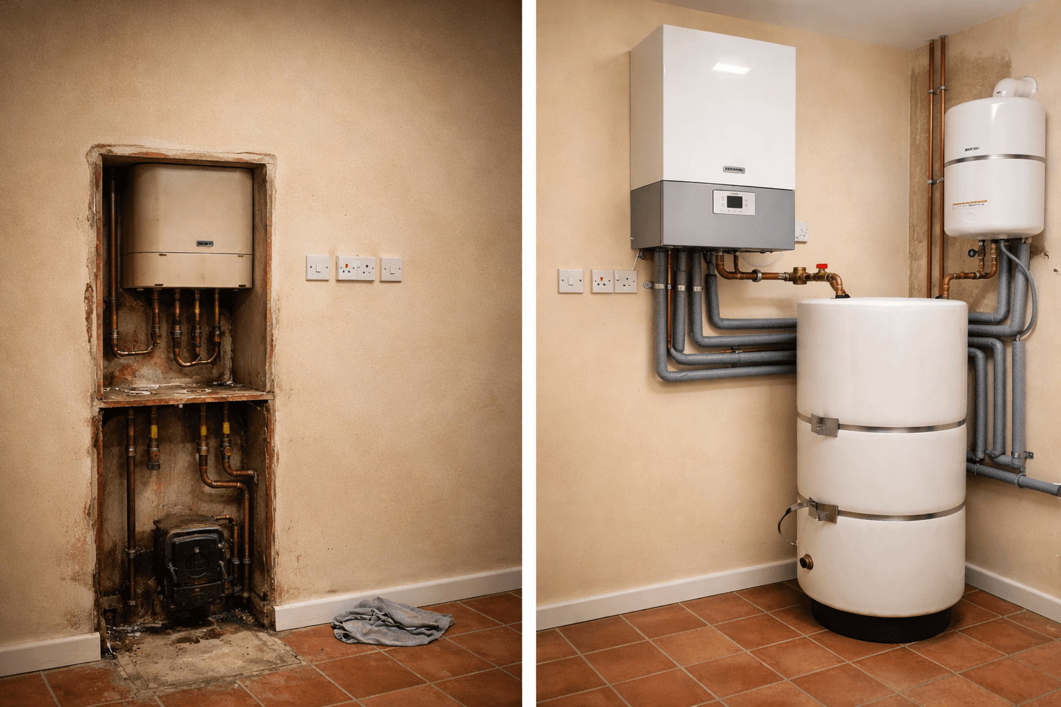 old gas boiler system compared to modern heat pump installation in a real UK home