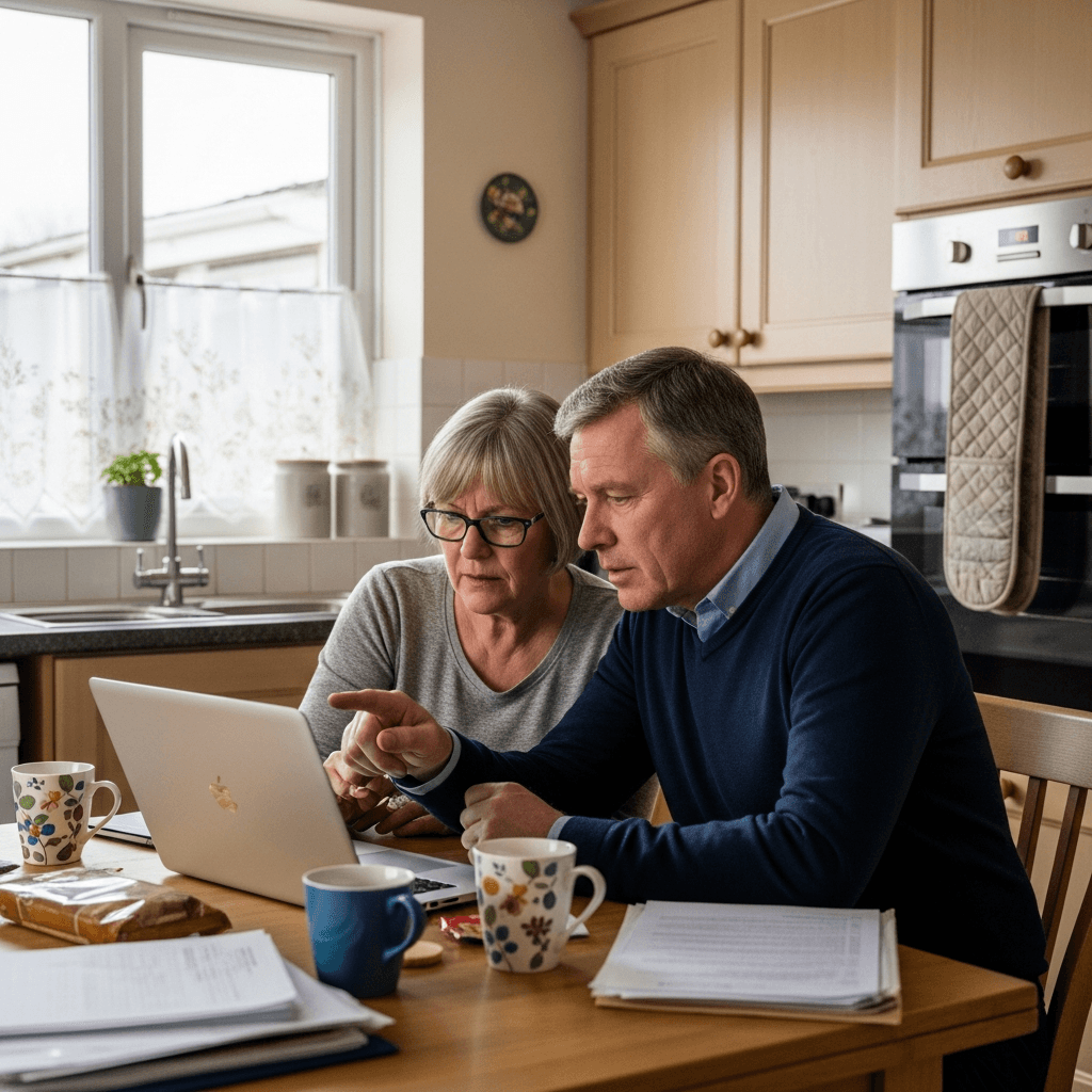 UK homeowner researching heat pump costs at their kitchen table