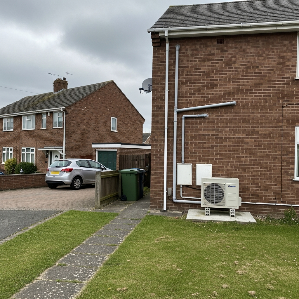 monoblock air source heat pump installed outside UK semi-detached home showing single outdoor unit with water pipe connections