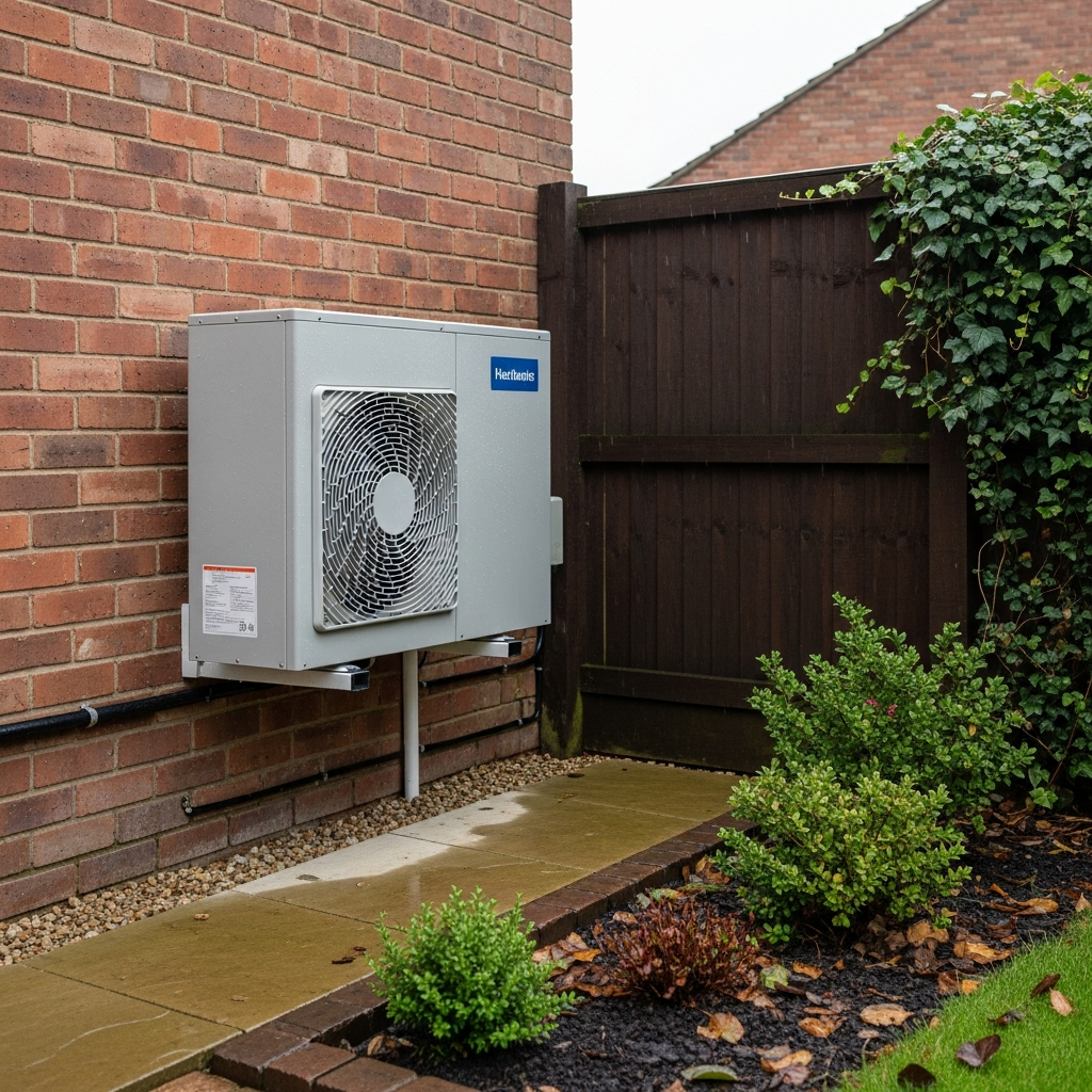 Discreetly positioned air source heat pump that would satisfy conservation area planning requirements