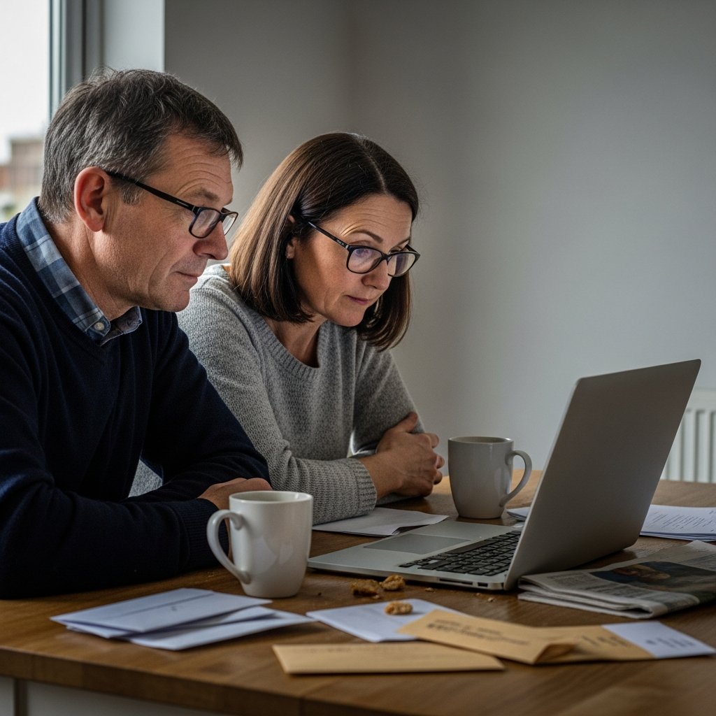 UK couple researching mini split vs air-to-water heat pump options at home comparing heating system types