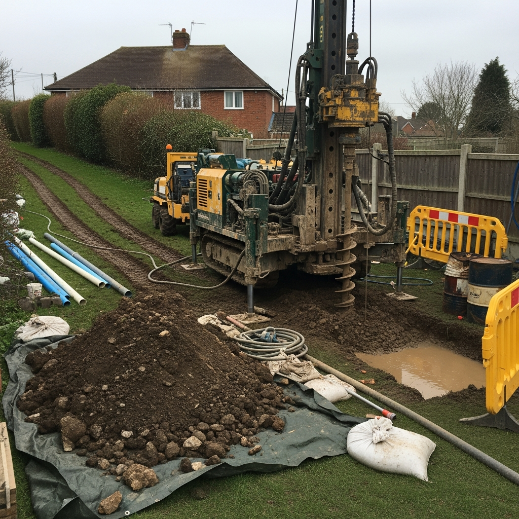 Borehole drilling rig operating in a UK garden during ground source heat pump installation