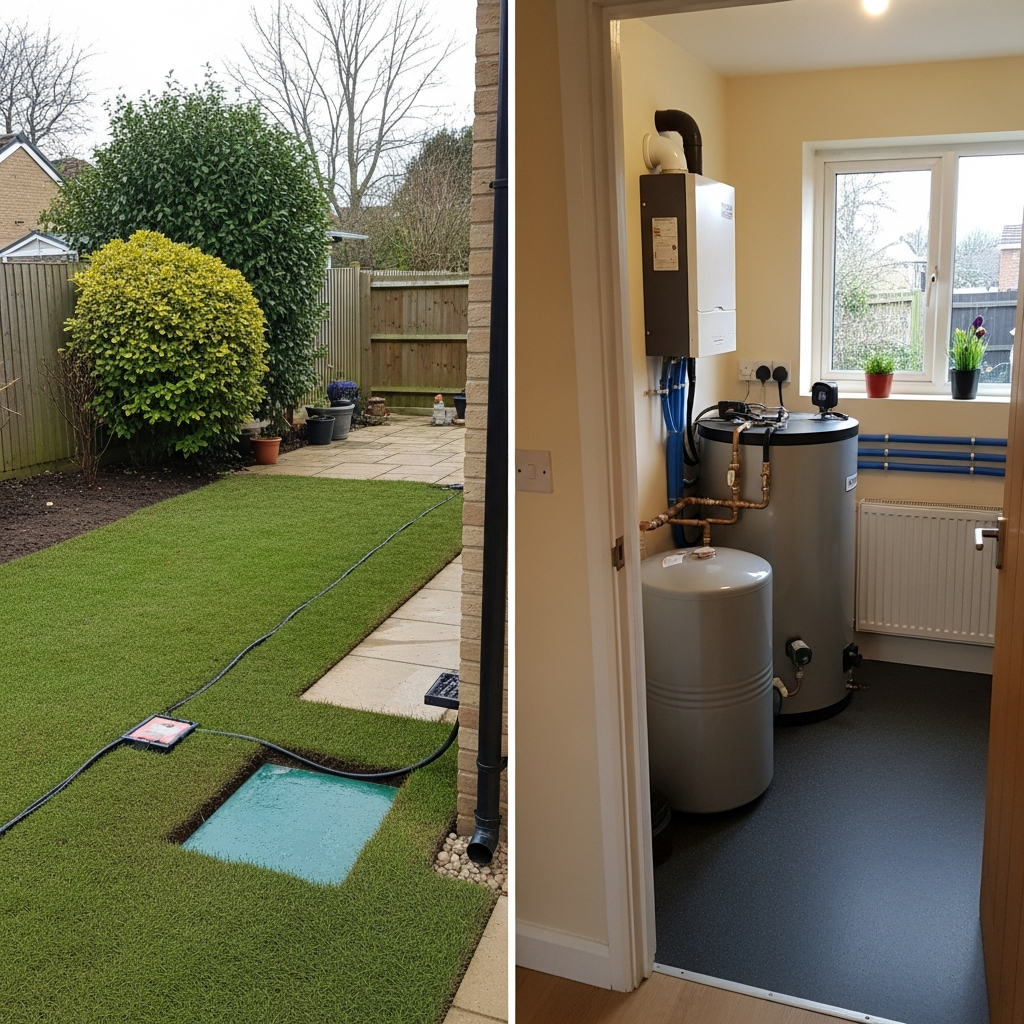 Ground source heat pump indoor unit and pipework installed in a UK utility room