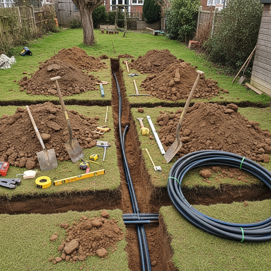 Trenches being dug in a UK garden for horizontal ground source heat pump loop installation