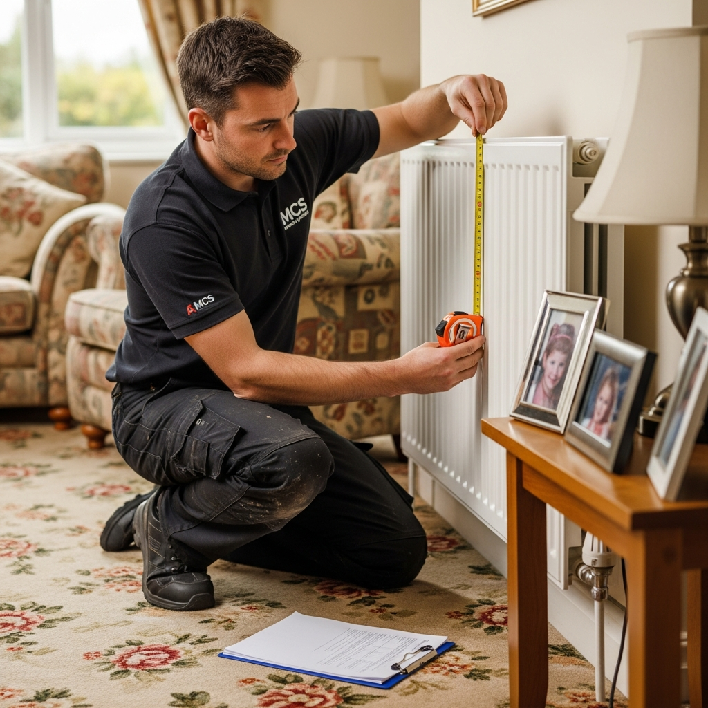 Heat pump installer conducting a property survey and heat loss assessment at a UK home