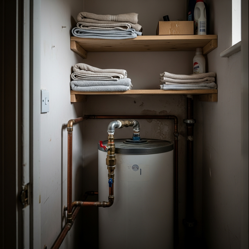 Hot water cylinder being heated by surplus solar electricity diverted from solar panels through heat pump system