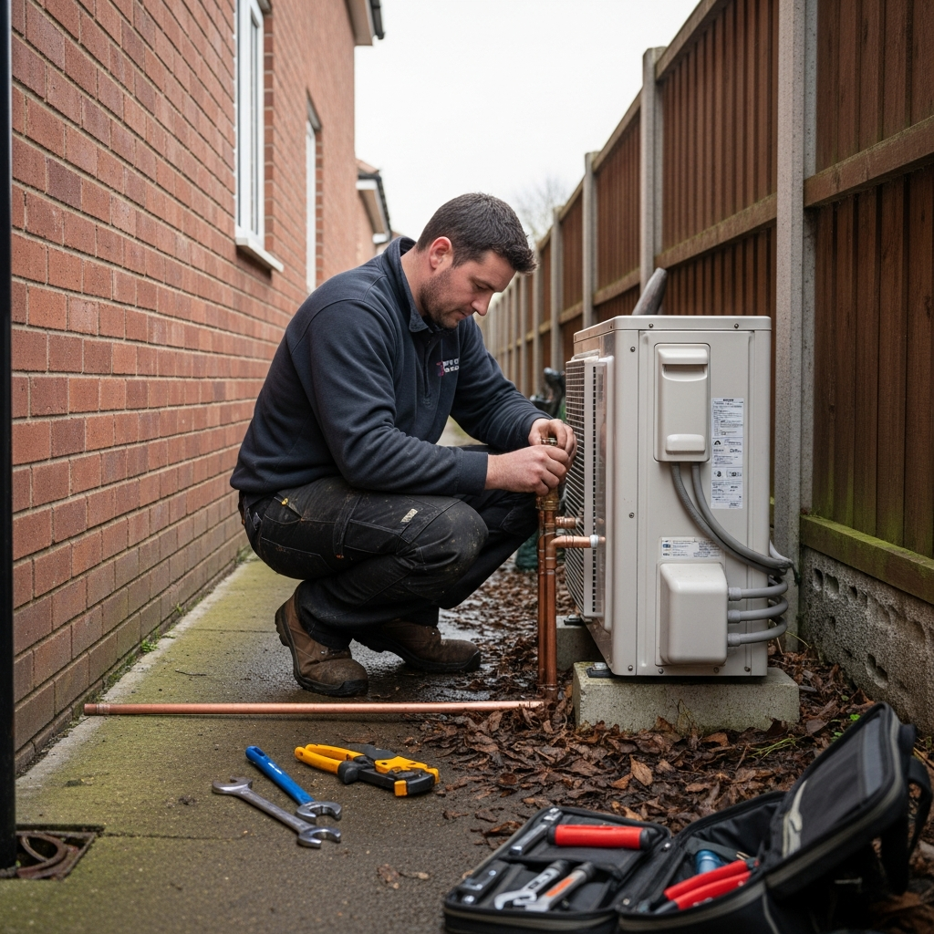 MCS-certified engineer installing a ground source heat pump system at a UK property