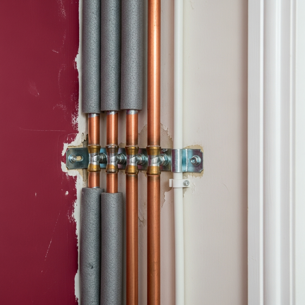 Close-up of heat pump pipework showing professional installation quality