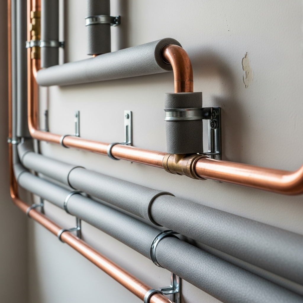 Heat pump system pipework showing flow and return where Delta T is measured and controlled