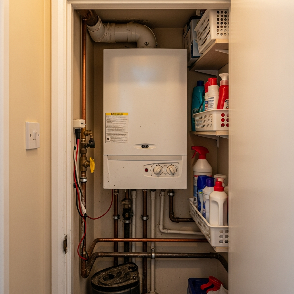 Ageing gas boiler in a UK home cupboard that could be replaced with a more efficient heat pump system