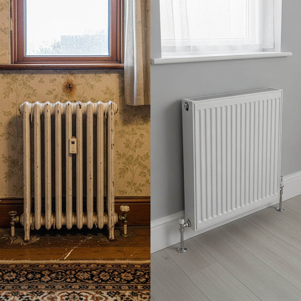 Period radiator in a listed building that works with a high-temperature heat pump preserving character