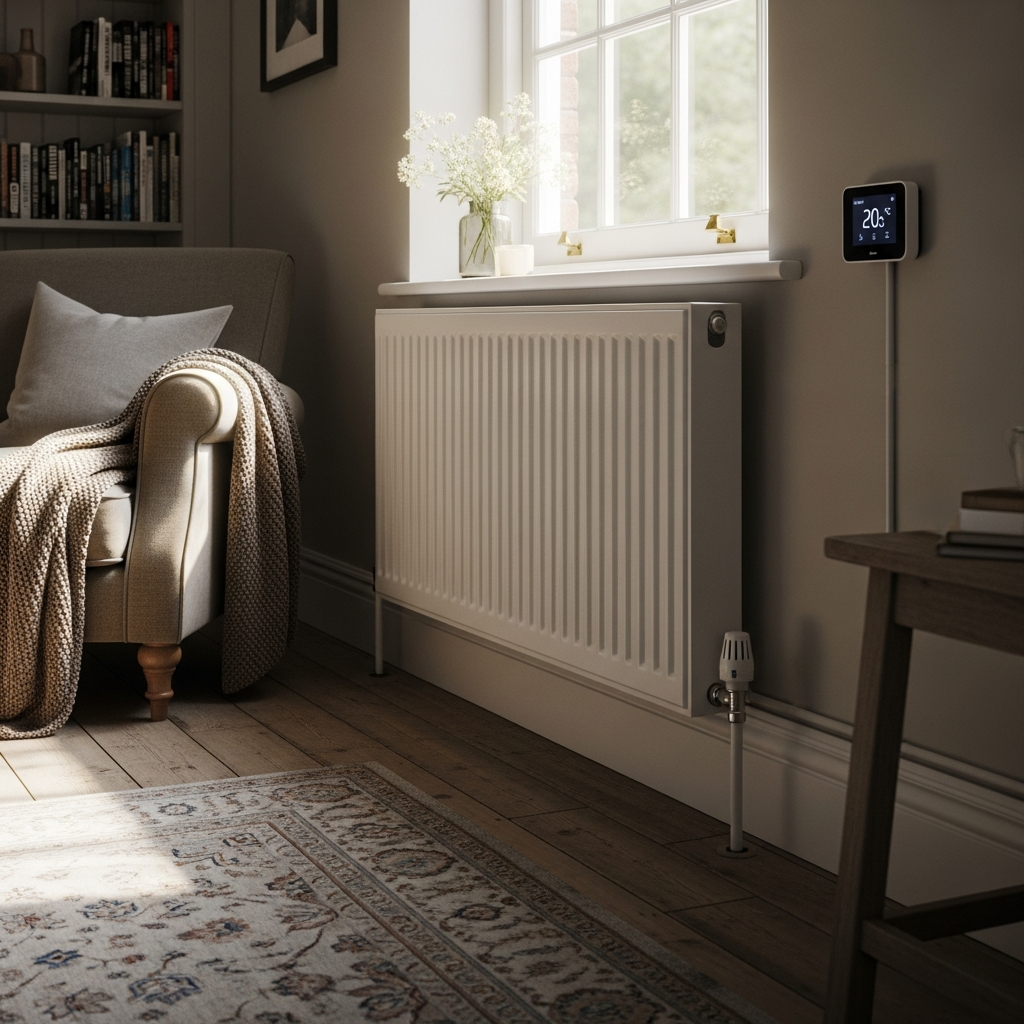 Correctly sized radiator heating a UK home room efficiently at low flow temperatures from a heat pump