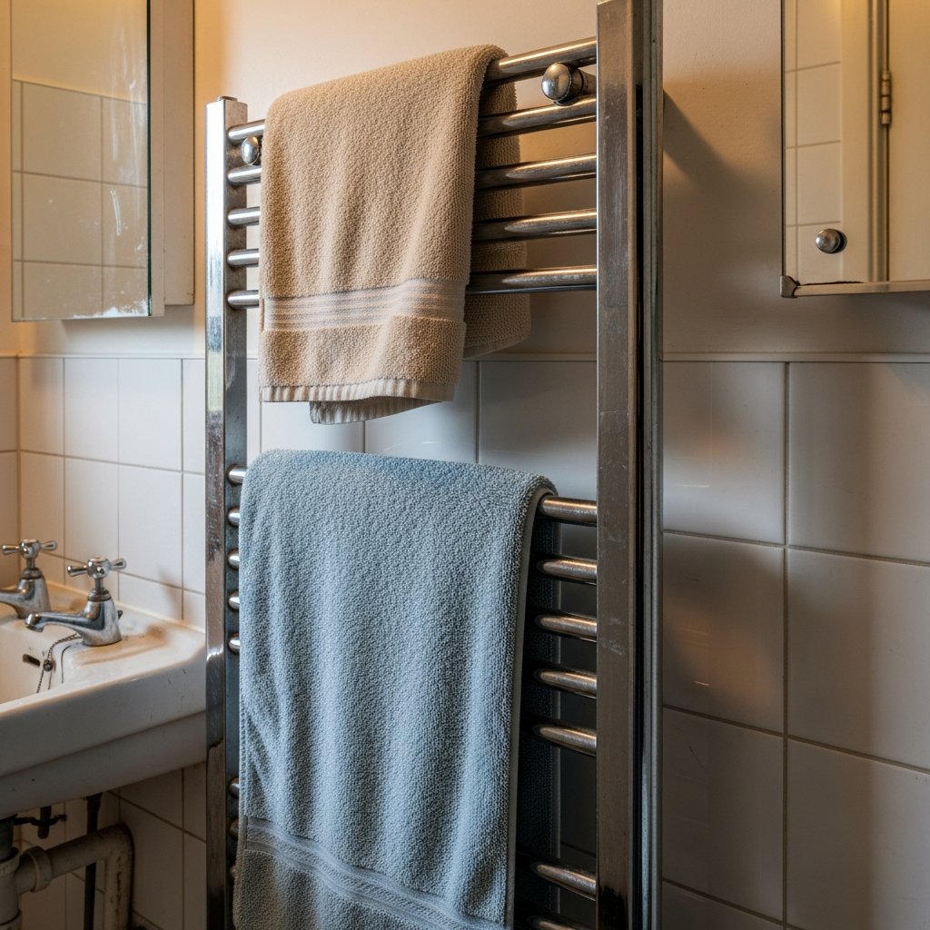 UK bathroom with heated towel rail connected to heat pump system providing consistent warmth against condensation