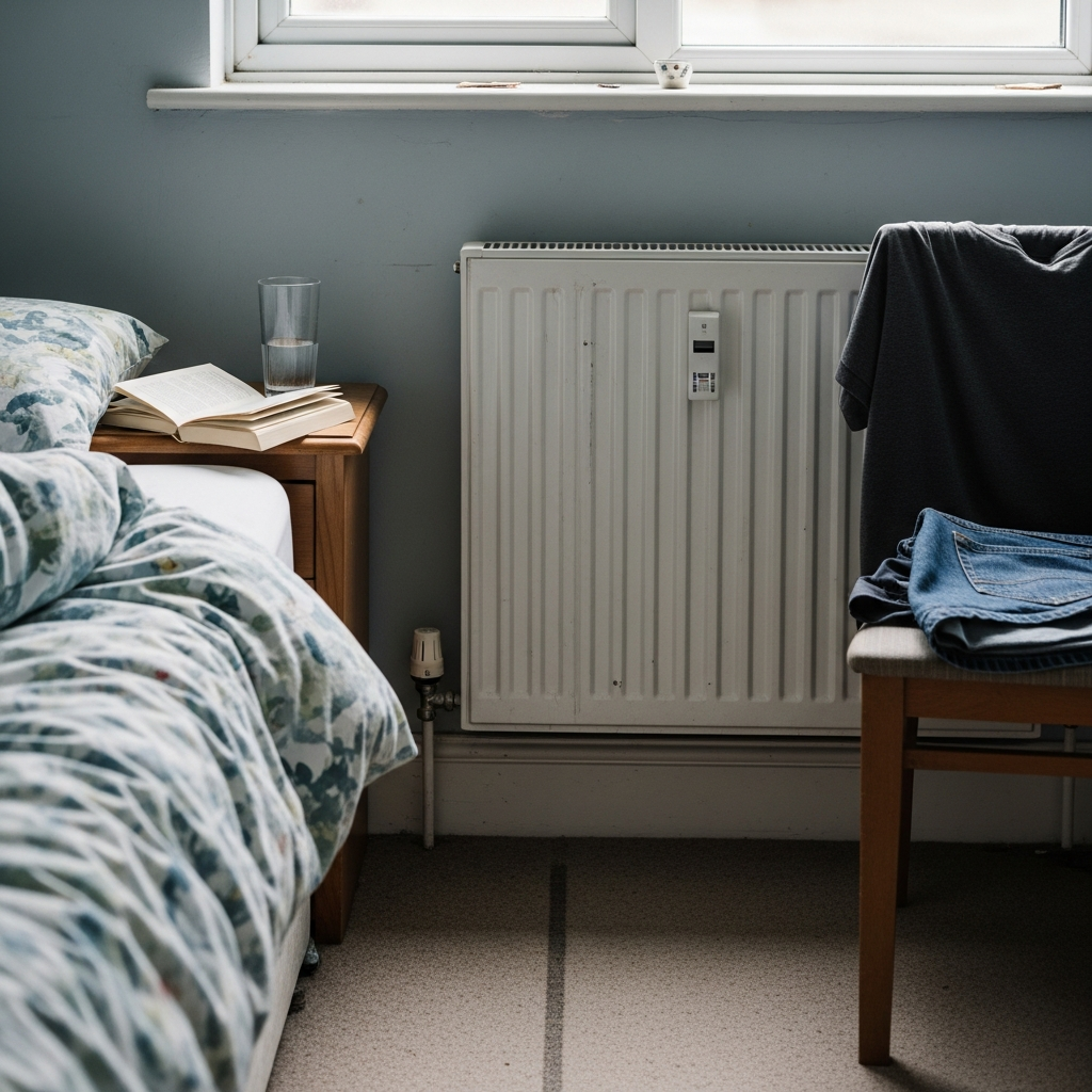 Single-panel radiator in a well-insulated UK bedroom where heat loss is low enough for heat pump operation