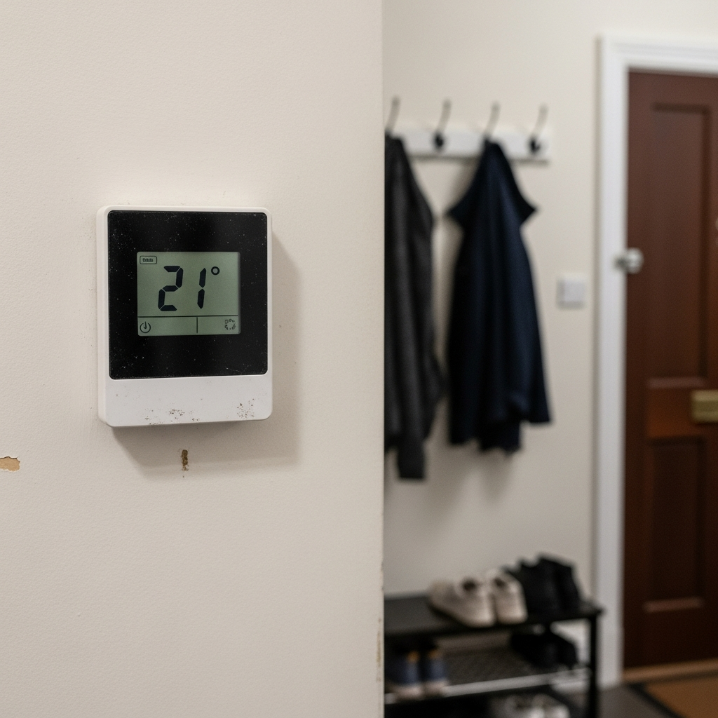 Thermostat on a UK hallway wall showing heating controls
