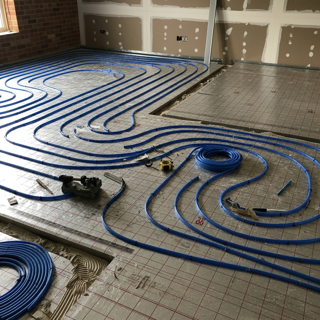 Underfloor heating pipes being installed in a UK home to maximise ground source heat pump efficiency and COP