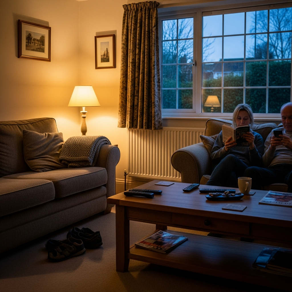 Warm family living room in a UK home heated efficiently by an air source heat pump